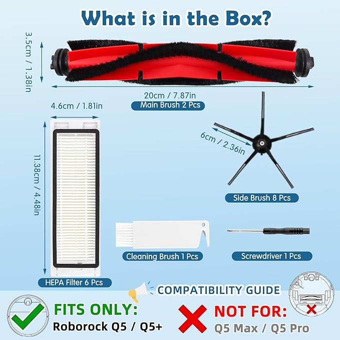 Q5 Replacement Accessories Kit Compatible with Roborock Q5 / Q5+ Plus(Not for Q5 Max / Q5 Pro) Robot Vacuum, 2 Main Brushes, 6 Washable Filters, 8 Side Brushes, 1 Cleaning Tool, 1 Screwdriver