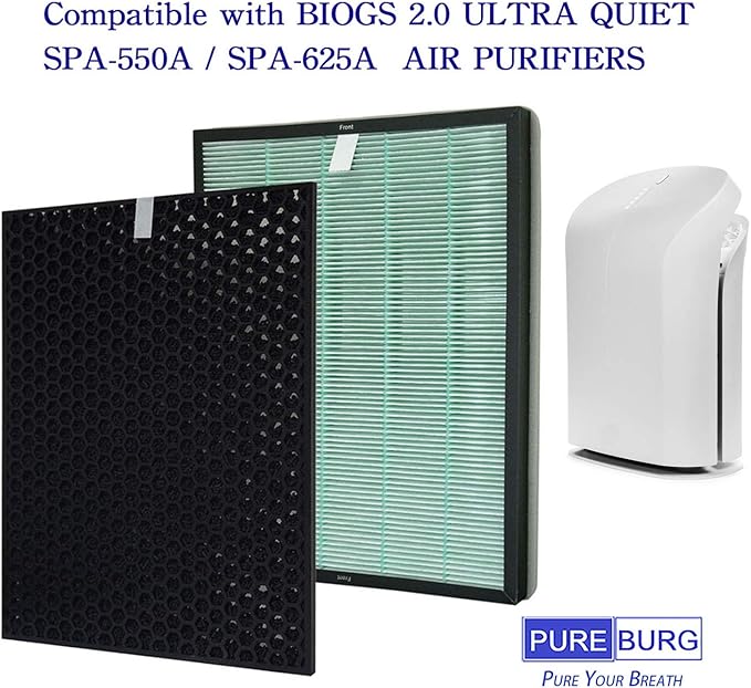 PUREBURG Replacement Filter Compatible with RabbitAir BioGS 2.0 Ultra Quiet Model SPA-550A & SPA-625A Air Purifiers, H13 True HEPA and Activated Carbon Set, 4 Piece Pack