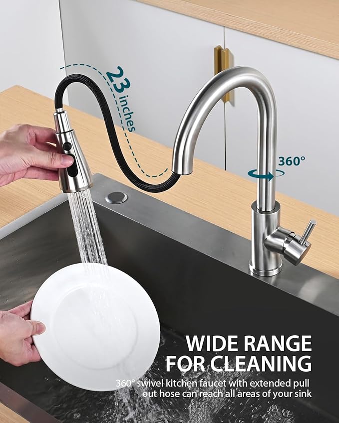 Hiqufet Kitchen Faucet with Pull Down Sprayer, Single Handle High Arc Kitchen Sink Faucet, Lead-Free Stainless Steel Modern Rv Bar Sink Faucets (Brushed Nickel)