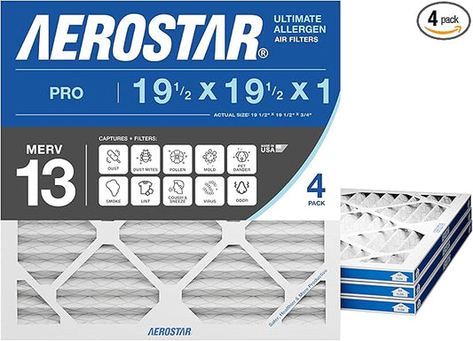 Aerostar 19.5x19.5x1 MERV 13 Pleated Air Filter, 4 Pack, AC Furnace Filters, HVAC Filter, Air Conditioner Filters, Heater Filters Replacement for Home (Actual Size: 19.5x19.5x0.75)