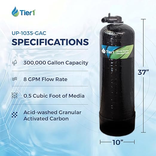 Tier1 Whole House Water Filter System | 300,000 Gallon Chlorine Reduction | Pre-Filled Upflow Tank with 0.5 Cu Ft Acid-Washed Granular Activated Carbon | Home Filtration System