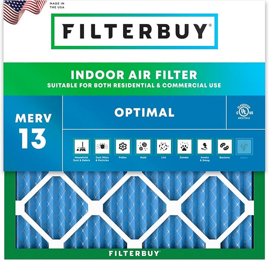 Filterbuy 25x25x1 Air Filter MERV 13 Optimal Smoke & Allergy Defense (1-Pack), Electrostatic Pleated HVAC AC Furnace Filters Replacement, Made in USA (Actual Size: 24.50 x 24.50 x 0.75)