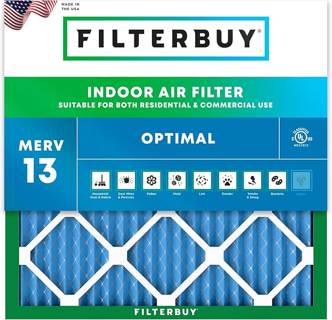 Filterbuy 16x16x1 Air Filter MERV 13 Optimal Smoke & Allergy Defense (1-Pack), Electrostatic Pleated HVAC AC Furnace Filters Replacement, Made in USA (Actual Size: 15.75 x 15.75 x 0.75)
