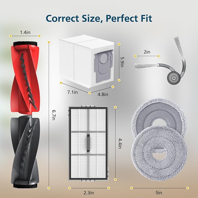 Saros 10R Accessories for Roborock Saros 10R / Saros 20 / Qrevo CurvX Robot Vacuum, Replacement Parts with 4 Dust Bags, 4 Mop Pads, 4 HEPA Filters, 6 Side Brushes, Dual Main Brush