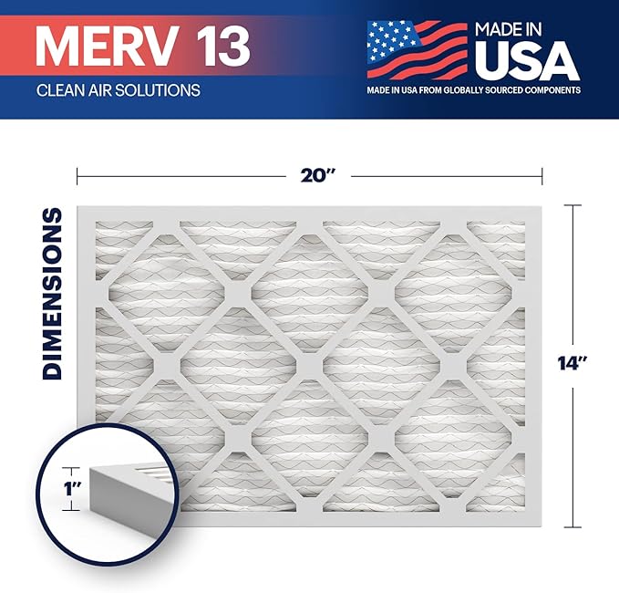BNX TruFilter 14x20x1 MERV 13 (2-Pack) AC Furnace Air Filter - MADE IN USA - Electrostatic Pleated Air Conditioner HVAC AC Furnace Filters - Removes Pollen, Mold, Bacteria, Smoke