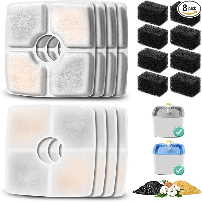 8 Pack Replacement Filters & Pre-filter Sponges for 84oz/2.5L Automatic Pet Fountain, BFLICROY Cat Water Fountain Filter, Triple Filtration Pet Fountain Replacement Filters