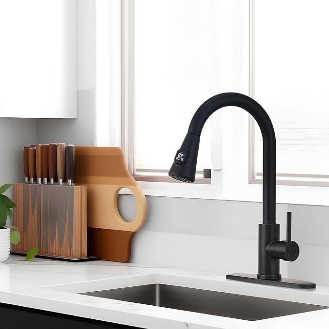 HOMELODY LED Temperature Display Black Kitchen Faucet with Pull Down Sprayer - Matte Black Single Handle Kitchen Sink Faucet, High Arc 304 Stainless Steel Design for RV Laundry Farmhouse Bar