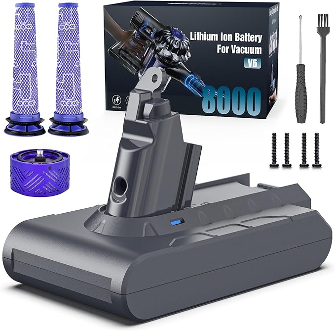8000mAh Rechargeable Replacement Battery for Dyson V6 Series Vacuum Cleaners, Providing 26 Minutes of Runtime in Standard Mode, Installs in Just 3 Minutes, Includes 2 Pre Filter and 1 Post Filter