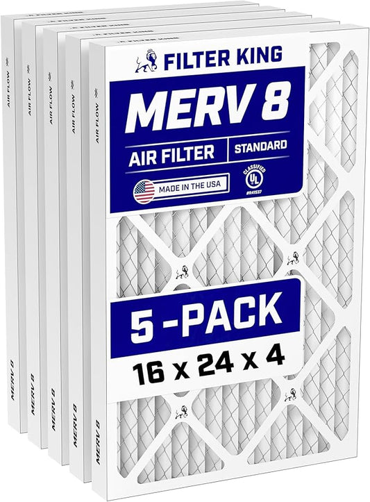 Filter King 16x24x4 Air Filter (MERV 8) (5-Pack) Dust & Allergy Control AC Furnace Filters, MADE IN USA, HVAC, Pleated, Electrostatic (Actual Size: 15.5 x 23.5 x 3.75)