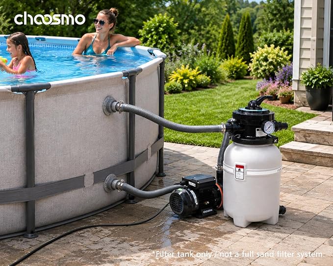 10” Sand Filter Tank Replacement Kit, Pool Sand Filter Tank with 6-Way Multi-Port Valve and 1.25/1.5 in Hose Adapters for Compatible Above Ground Pool Sand Filter Systems, Pump Not Included