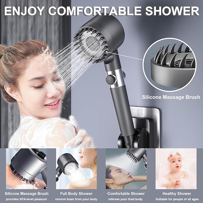 Filtered Shower Head with Handheld High Pressure 4Spray Mode Showerhead High Power Shower Head and Hose Set with 3FiltersWater for 4 Spray Modes & Pause Switch Gray