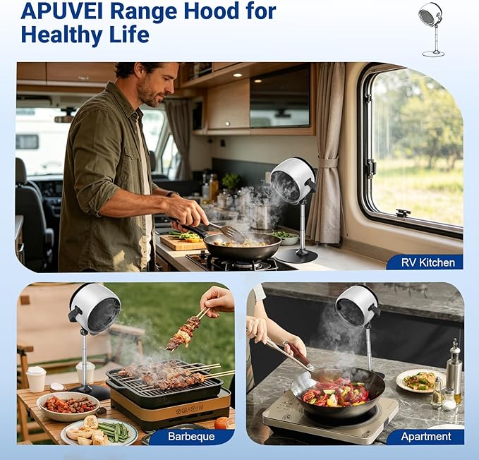 Portable Range Hood,Rechargeable Desktop Range Hood with 3 Speed Exhaust Fan,Detachable Aluminum Filter,Strong Suction Kitchen Exhaust Fan for Indoor BBQ, Hot Pot, RV & Desktop Cooking Black