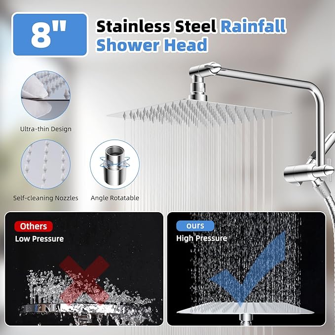 All Metal Shower Head, 8" High Pressure Rainfall/Handheld Shower Combo with 11" Extension Arm, 10-Spray Handheld Showerhead, 71" Long Hose, 3-Way Diverter Valve, Chrome