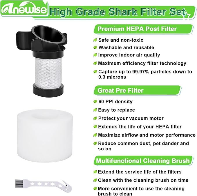 Anewise Filter Replacement for Shark ION Flex Duo Clean IF100 F80 UF280 IF200 IF201 IF202 IF203Q IF252 IF281 IF282 Cordless Vacuum, 2 HEPA + 4 Foam Felt Filters +1 Brush, Part # XPREMF100 & XPSTMF100