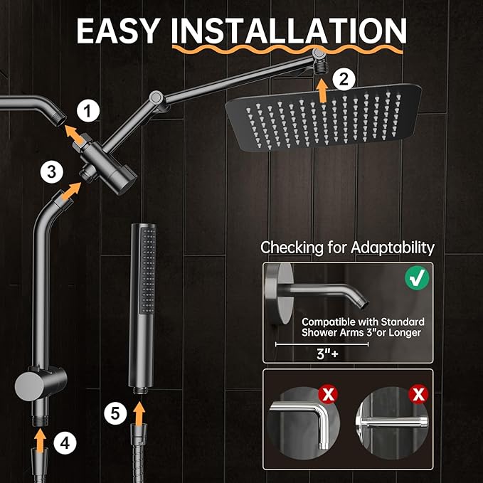 Veken All Metal 10" Gunmetal Gray Shower Head with Handheld, Luxurious Square Double Rain Shower Heads with Spray Combo, Dual High Pressure Detachable Rainfall Showerhead with Extension Arm, Long Hose