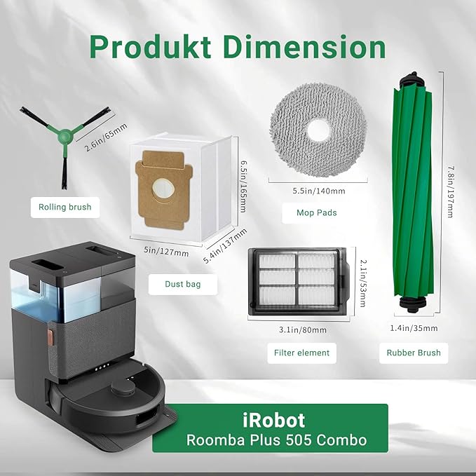 Replacement Parts Kit for iRobot Roomba Plus 505 405 Combo G181 G185 Vacuum Mop, 2 Main Brushes,6 Mop Pads,6 HEPA Filters,8 Side Brushes,6 Dust Bags Cleaning Accessories