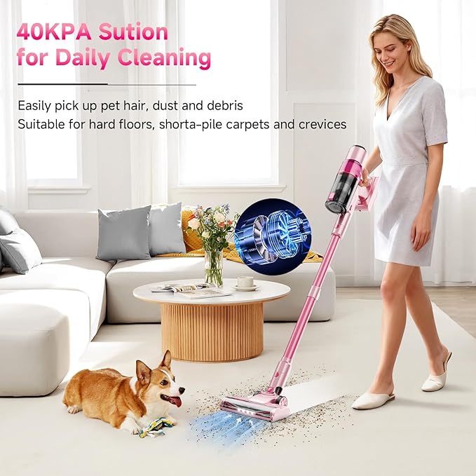 Cordless Vacuum Cleaner: Portable 6-in-1 Stick Vacuum with Anti-Tangle Brush, LED Headlight, Self-Standing, HD Display, Rechargeable Vacuum for Pet Hair, Low-Pile Carpet and Hardwood Floor-Dark Pink