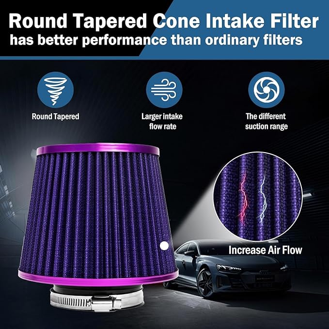 Universal Clamp-On Air Intake Filter, High Performance, Washable Filter, Replacement Air Filter, Flange Diameter 4inch/100mm (Purple)