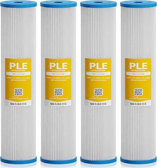 Max Water 5 Micron 20 x 4.5 Whole House Pleated Sediment Water Filter Replacement Cartridge for Well Water Filtration