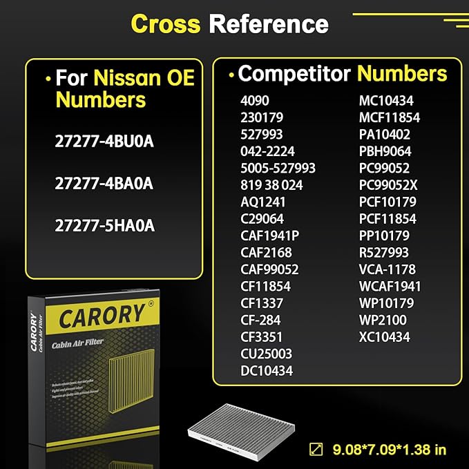 CARORY Cabin Air Filter w/Activated Carbon for 2017-2022 Nissan Qashqai, 2014-2020 Rogue, 2017-2022 Rogue Sport.