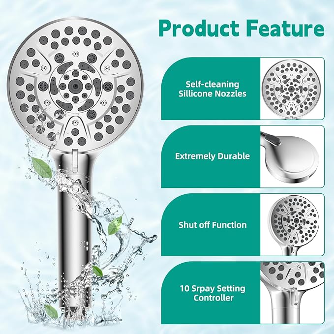 Hibbent Filtered Shower Head with Handheld, High Pressure 10 Spray Showerhead with 3 Filters, Water Softener for Hard Water-Remove Chlorine, Reduces Dry Itchy Skin, Improve Skin& Hair Texture, Chrome