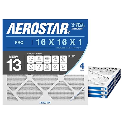 Aerostar 16x16x1 MERV 13 Air Filter, 4 Pack Set of HVAC Furnace Filters, Electrostatic MPR 1500-1900 & FPR 10 (Actual Size: 15 3/4 x 15 3/4 x 3/4 inches)