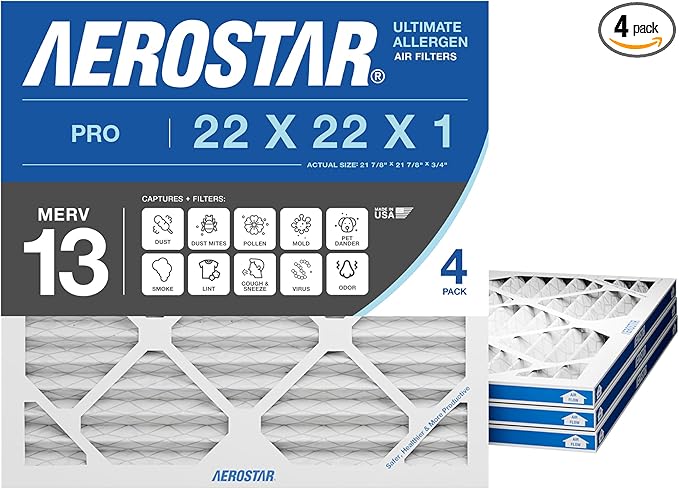 Aerostar 22x22x1 MERV 13 Pleated Air Filter, 4 Pack, AC Furnace Filters, HVAC Filter, Air Conditioner Filters, Heater Filters Replacement for Home (Actual Size: 21.875x21.875x0.75)