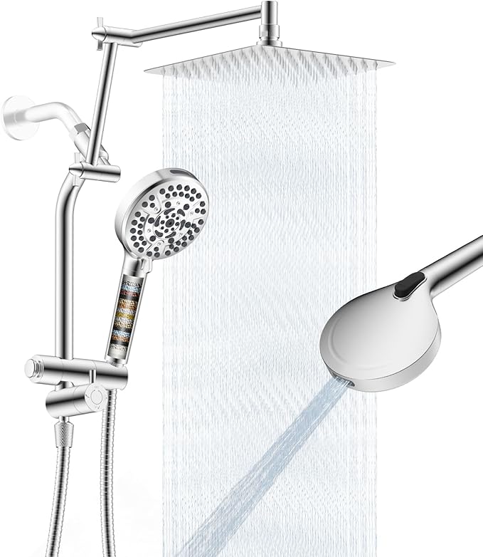 All-Metal 10" High-Pressure Rain Shower Head with Handheld - 10-Spray Power Wash with Filter Element, Easy Reach 4-Way Diverter with Pause Mode, Flexible 16" Extension Arm and 71" Hose, Chrome