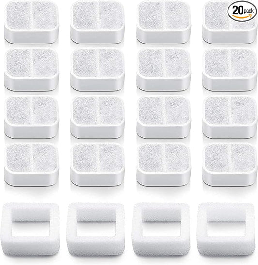 20 Pack Ceramic Cat Water Fountain Replacement Filters - 16 Pet Fountain and 4 Foam Filters for Tritone/Fiumi Ceramic Pet Lotus Drinking Fountain