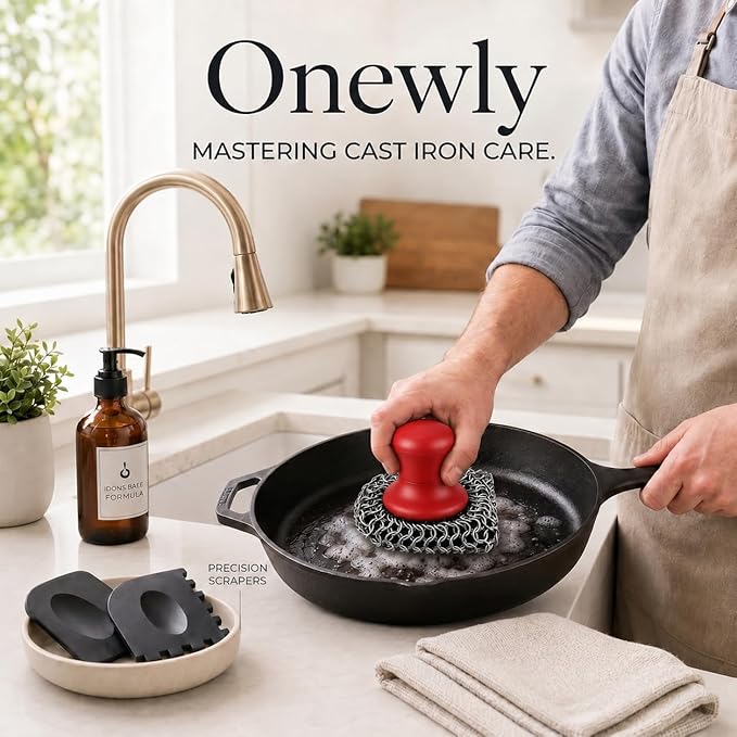 Cast Iron Scrubber and Scraper | 316 Chainmail Scrubber for Cast Iron Pan Skillet Cleaner | Chain Mail Scrubber for Dishes Pots Wok Griddle Grill | Dish Scouring Pad Dishwasher Safe, Red 01