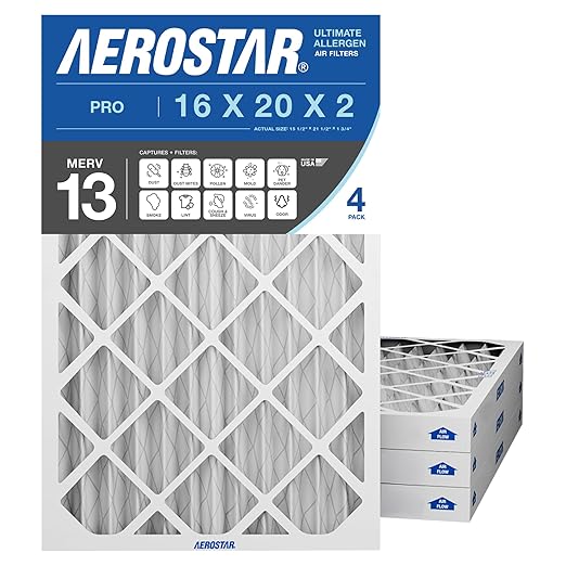 Aerostar 16x20x2 MERV 13 Air Filter, 4 Pack Set of HVAC Furnace Filters, Electrostatic MPR 1500-1900 & FPR 10 (Actual Size: 15 1/2 x 19 1/2 x 1 3/4 inches)