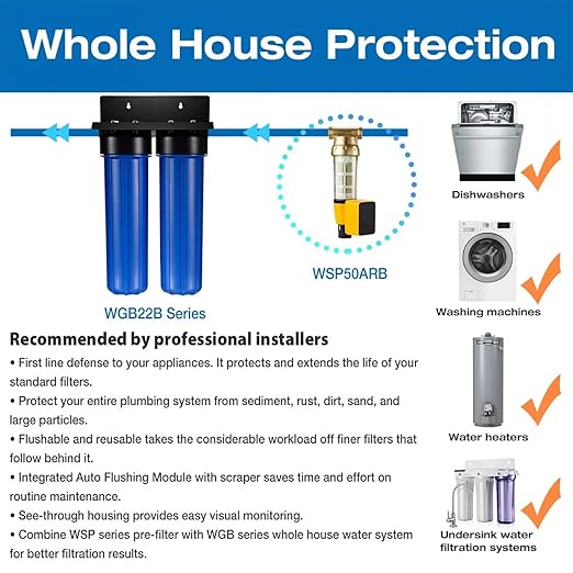 iSpring Lead-Reducing Whole House Water Filter System, Also Targets Chlorine, Taste, and Odor, 2-Stage Commercial-Grade 20" x 4.5" Industry Standard-Sized Filters, 1" Inlet/Outlet, Model: WGB22B-PB