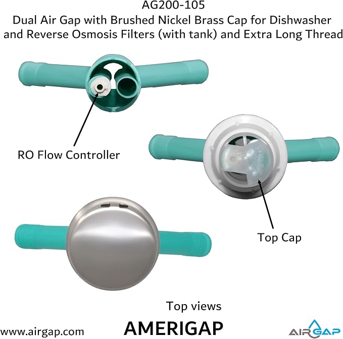 Dual Air Gap with Brushed Nickel Brass Cap for Dishwasher and Reverse Osmosis Filters (with tank) and Extra Long Thread (AG200-105, AG200-X05, AMERIGAP)