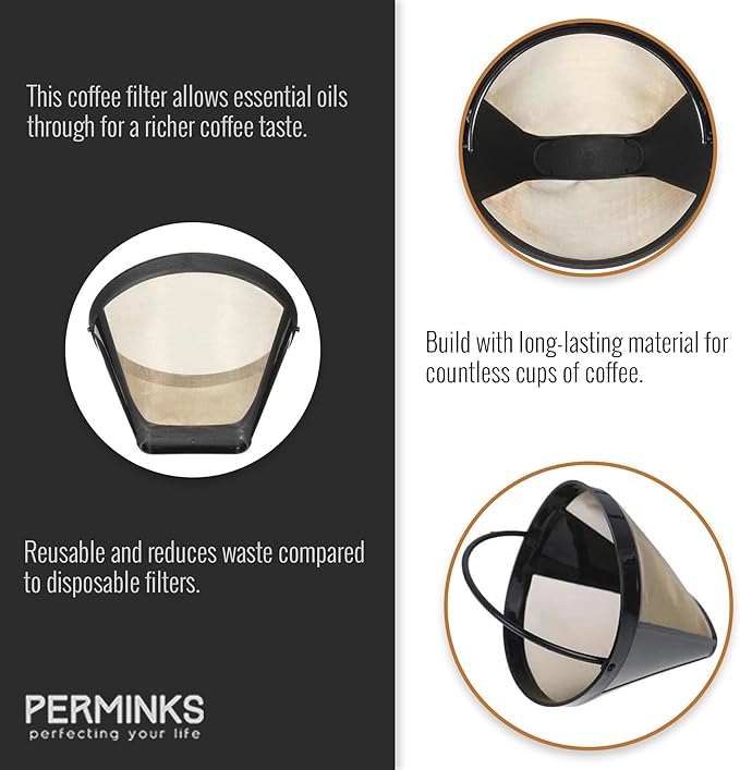 Reusable #4 Gold Tone Mesh Cone Coffee Maker Filter Basket - exact Replacement for Cuisinart, Ninja, Hamilton Beach, Breville, Moccamaster, Bonavita, Farberware, 1pc