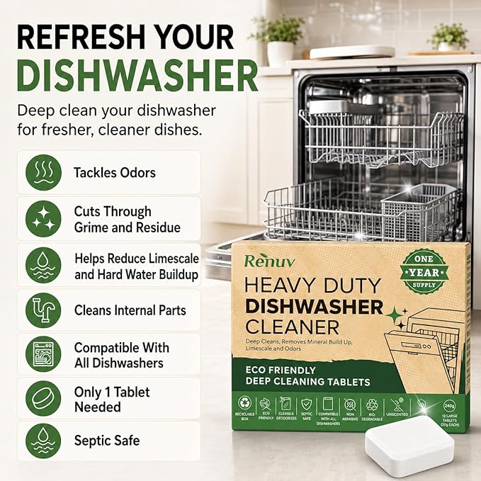 Renuv Garbage Disposal Cleaner + Dishwasher Cleaner - Heavy Duty Kitchen Appliance Deep Cleaning, Descaling and Deodorizing, (12 Tablets of each)