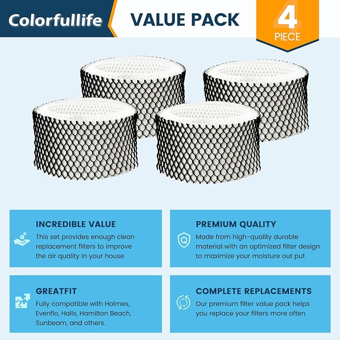 Colorfullife 4 Pack HWF62 Humidifier Filter A for Holmes - Replacement for Holmes Sunbeam Humidifier, Replaces HWF62 HWF62CS HWF62D SF212 HWF62PDQ-U, Fits Models SCM1100, SCM1701, SCM1702, SCM1762