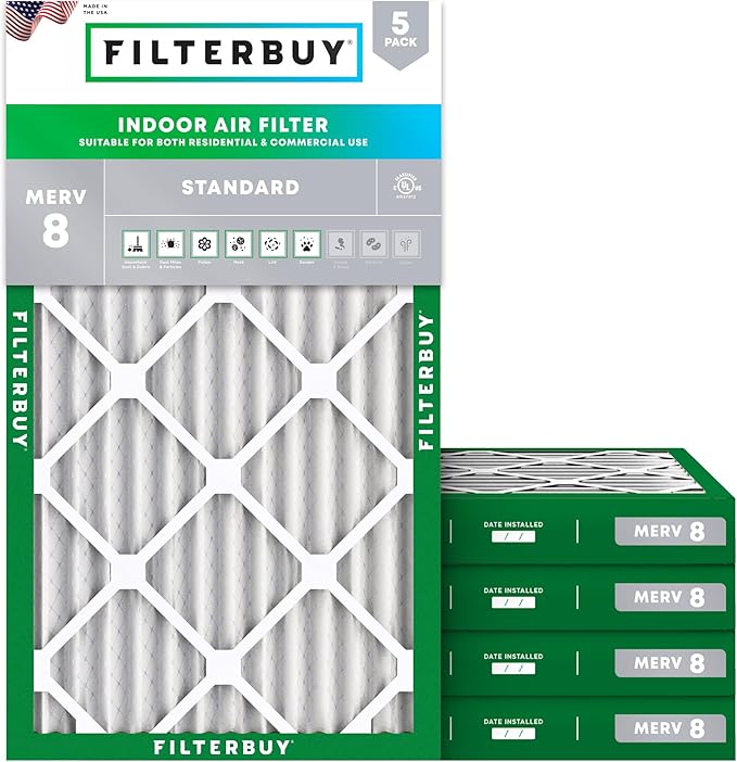 Filterbuy 14x24x2 Air Filter MERV 8 Essential Dust & Allergy Defense (5-Pack), Electrostatic Pleated HVAC AC Furnace Filters Replacement, Made in USA (Actual Size: 13.50 x 23.50 x 1.75)