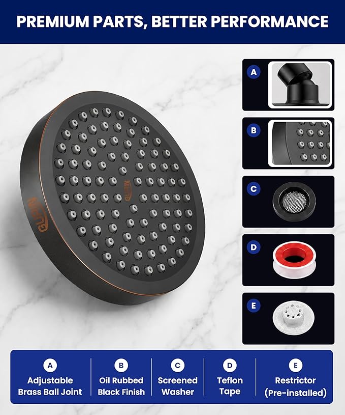 GURIN Shower Head - Powerful High Pressure Rain Shower Head 6 Inch - Luxury Rainfall Showerhead with Adjustable Angles, 90 Anti-Clog Nozzles, Tool-Free 1-Min Install, Premium Oil Rubbed Bronze Finish