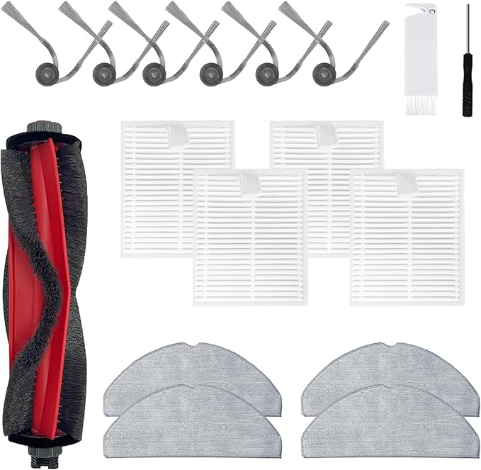 17-Piece Q7 M5 Replacement Parts Kit, Compatible with Q7 M5/Q7 TF/Q7 TF+ Robot vacuums. Includes 1 Main Brush, 6 Side Brushes, 4 HEPA Filters, 4 mop Pads, 1 Cleaning Tool, and 1 Screwdriver