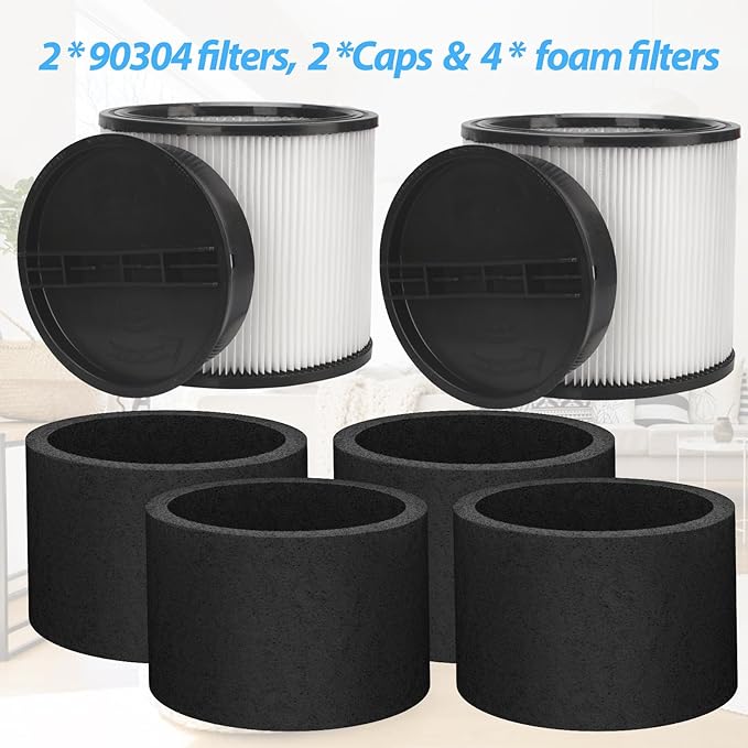 Replacement Filter Compatible with Shop-Vac 90350 90304 90333 Replacement fits most Wet/Dry Vacuum 5 Gallon and above, 2 pcs 90304 filters with caps and 4pcs 90585 foam filters