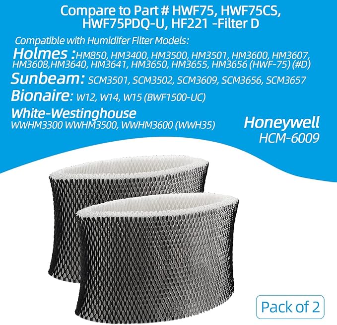 ANTOBLE Humidifier Filters Replacements for Holmes HWF72 HWF75 HWF75CS HWF75PDQ-U; Sunbeam SCM3501 SCM3502 SCM3656 SCM3657 SCM3609P Humidifier - 2 Pack