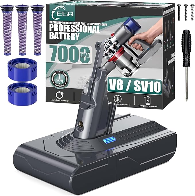 EGR Upgraded V8 Battery Replacement Compatible with Dyson V8 Absolute/Motorhead/Fluffy/SV10 Carbon Fiber Vacuum Cleaner 5 Filters and 3 Screws Included