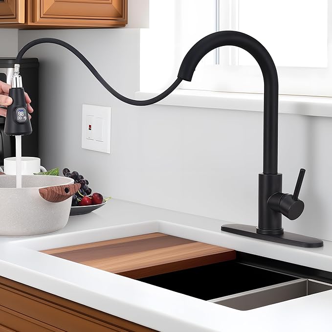 HOMELODY LED Temperature Display Black Kitchen Faucet with Pull Down Sprayer - Matte Black Single Handle Kitchen Sink Faucet, High Arc 304 Stainless Steel Design for RV Laundry Farmhouse Bar