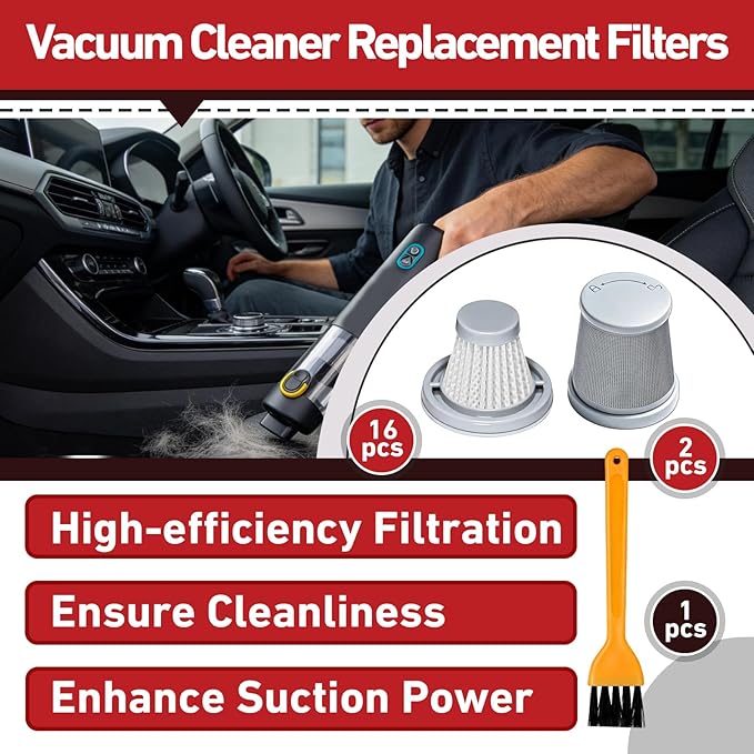 16 Pcs Vacuum Filter Replacement Compatible with Slim V8 Mate, Slim V8 Apex, Slim V10 Mate Cordless Car Vacuum Cleaner, 2 Stainless Steel Pre-filter, 16 Washable Hepa Filters, 1 Cleaning Brush