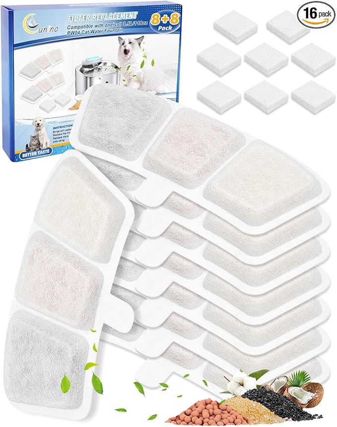 8+8 Pack Cat Water Fountain Filter Replacement Compatible with oneisall PW03 & PW04 3.5L/118oz, Cat Fountain Filters Replacement Fit for oneisall, Multilayer Filters System, 8 Filters+8 Sponge