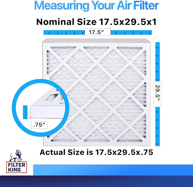 Filter King 17.5x29.5x1 Air Filter (MERV 8) (3-Pack) Dust & Allergy Control AC Furnace Filters, MADE IN USA, HVAC, Pleated, Electrostatic (Actual Size: 17.5 x 29.5 x .75)