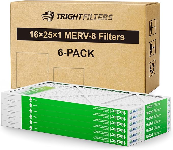 TRIGHTFILTERS 16x25x1 Air Filter 6 Pack, Durable MERV 8 Pleated Home HVAC AC Furnace Filters, Lightweight Compact Air Conditioner Filter Replacement