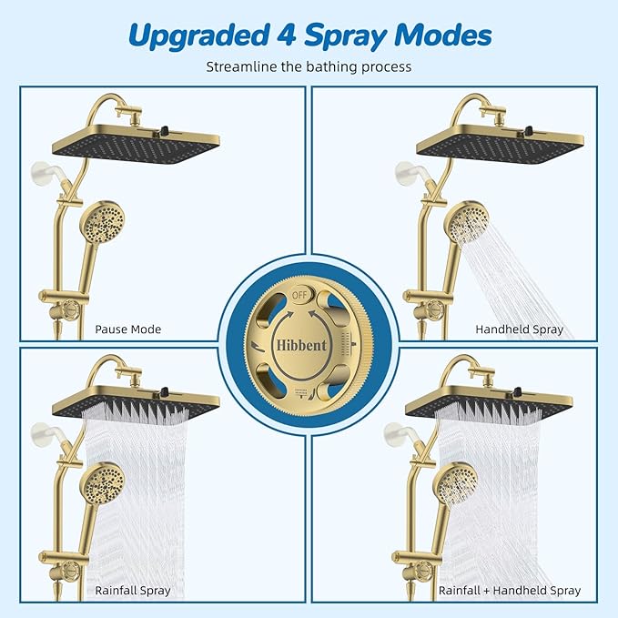Hibbent cUPC Certified 13'' Shower Head Combo, High Pressure 5 Spray Rainfall Showerhead, 10 Spray Handheld, All Metal Easy Reach 4-way Diverter Arm with Pause Mode, 71'' Hose and Holder, Brushed Gold