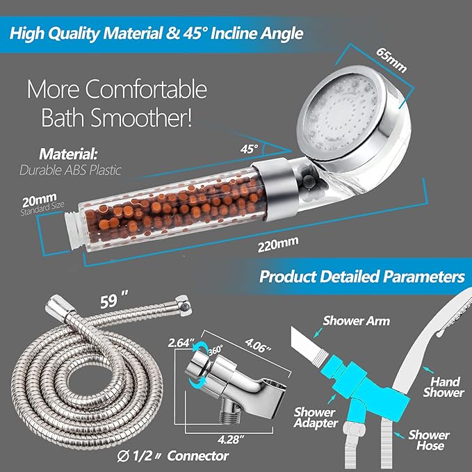 FASTRAS LED Shower Head with Handheld, High Pressure Shower Head with Hose, Holder & PTFE Tape etc, 3 Water Temperature-Controlled Water Saving Filtered Shower Head for Dry Hair& Skin