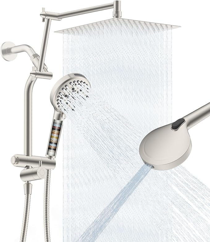 12" All-Metal High-Pressure Rain Shower Head with Handheld- 10-Spray Power Wash with Shower Filter, Easy Reach 4-Way Diverter with Pause Mode, Adjustable 16" Extension Arm/ 71" Hose, Brushed Nickel